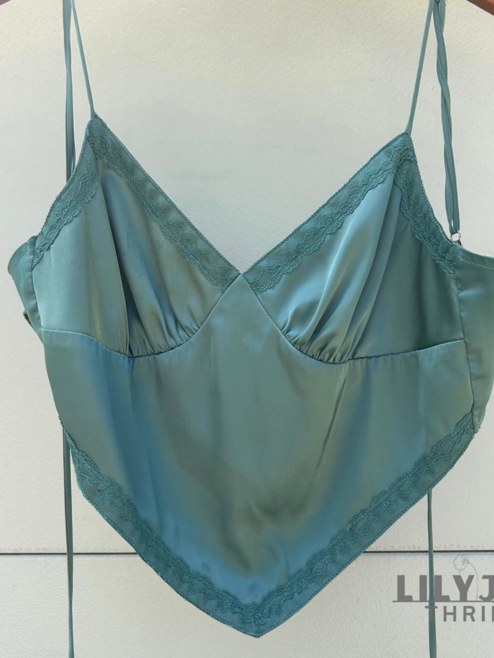 Mable Teal Lace-Trim Satin Open-Back Tie Top Cami